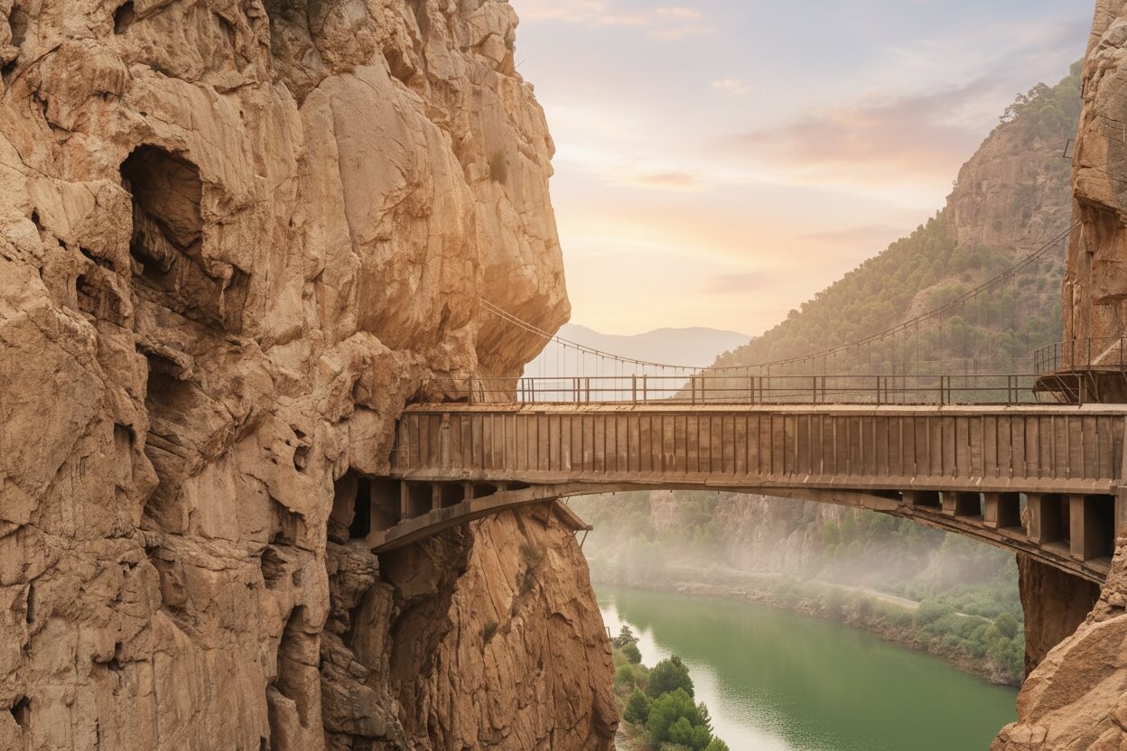 Visitantes con casco caminando por las pasarelas del Caminito del Rey